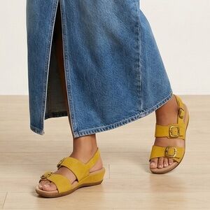 Dansko Astrid yellow textured nubuck wedge sandals adjustable straps comfort